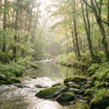 Moss-lined stream flowing through a sunlit forest with ferns and trees